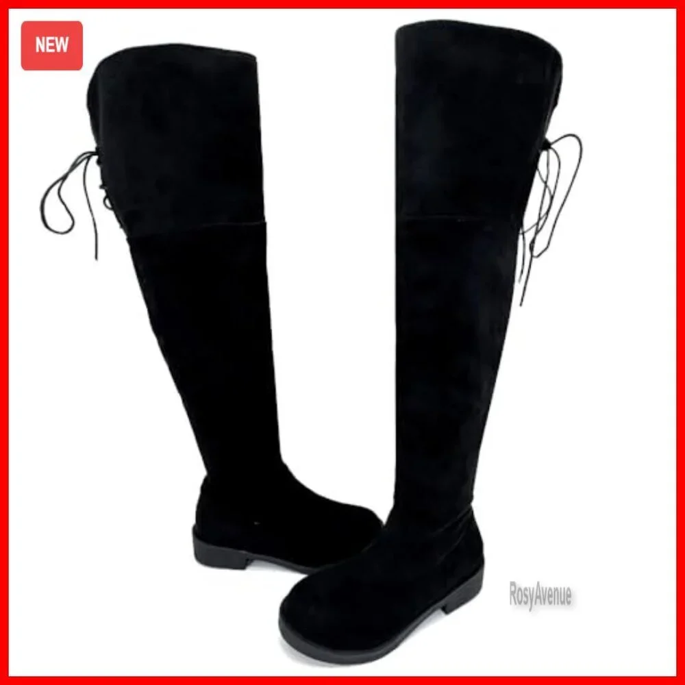 Women's Over the Knee Boots Wide Calf Lace Up Chunky Heel Suede Leather